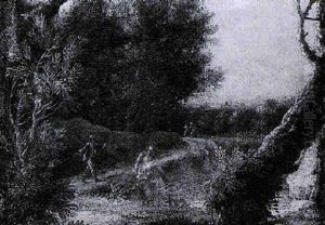 A Classical Italianate Landscape With A Figure Bathing At The Edge Of A Pool by Gaspard Dughet
