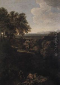 Figures In Classical Landscapes With Mountains And Hill Top Towns by Gaspard Dughet