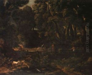 A Roman Landscape With A Shepherd Driving His Flock Along A Path by Gaspard Dughet