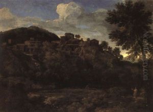 A Classical Landscape With Figures By A Lake by Gaspard Dughet