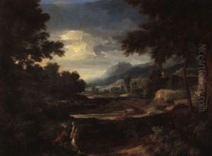 Italianate Landscape Scene With Two Figures Near A Stream by Gaspard Dughet