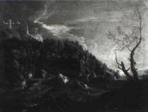 Italianate Landscape With Figures And A Castle by Gaspard Dughet