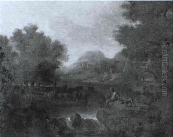 Classical Landscape With A Young Boy And His Dog Watching Cattle - view 1