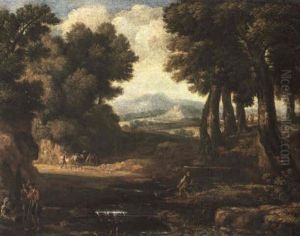 Italianate Wooded Landscape With Fisherman And Travellers On A Track by Gaspard Dughet