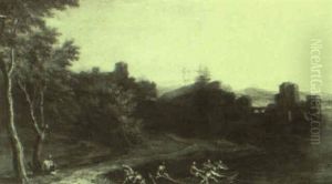 Landscape With Fishermen Near The Shore Pulling In Their Nets by Gaspard Dughet
