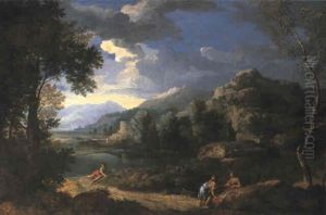 Classical Landscape With Three Shepherds By A Lake by Gaspard Dughet