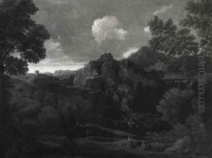 Italianate Landscape With Shepherds On A Path, A Hilltop Town Beyond by Gaspard Dughet