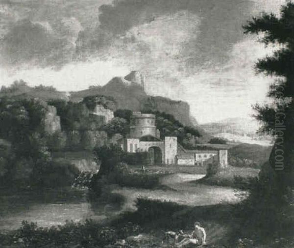 A Classical Italianate Landscape With A Traveller And Dog At Rest On A Track - view 1
