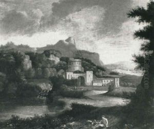 A Classical Italianate Landscape With A Traveller And Dog At Rest On A Track by Gaspard Dughet