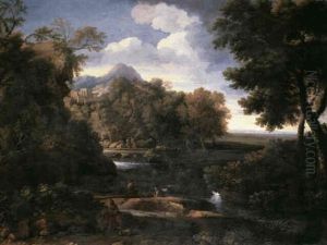 A Shepherd And His Flock Travelling Along A Riverside Path  In A Classical Landscape