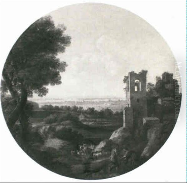 A Classical Landscape With A Herdsman Leading His Livestock Along A Path At The Base Of A Ruined Castle Whilst Two - view 1
