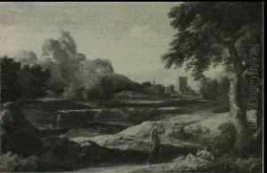 Jeune Femme Rencontrant Un Berger Dans Un Paysage De Riviere by Gaspard Dughet