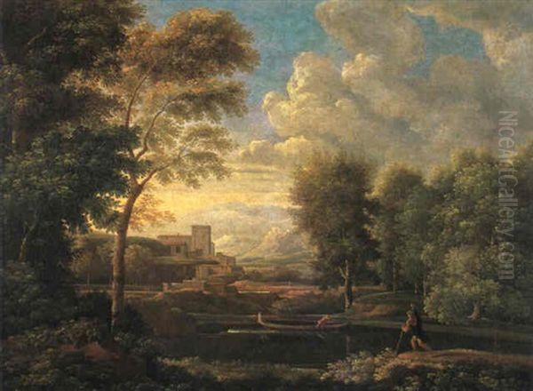 Arkadische Landschaft Mit Flusslauf Und Kahn - view 1
