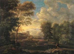 Arkadische Landschaft Mit Flusslauf Und Kahn