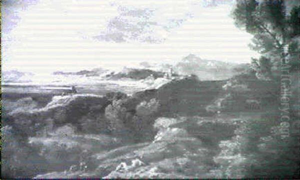 An Extensive Classical Landscape With Shepherds Resting On A Hillside - view 1