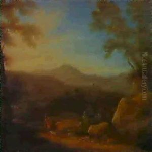 Paesaggio Romano Al Tramonto Con Tre Viandanti Paesaggio Romano All'alba Con Grande Albero A Sinistra by Gaspard Dughet