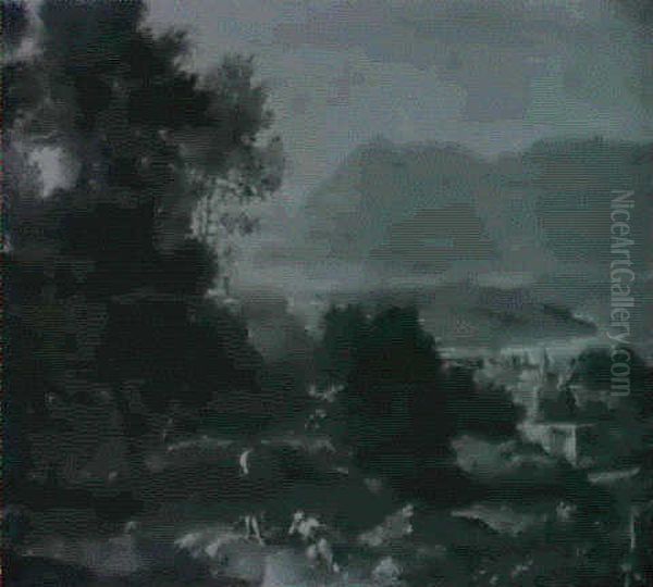 An Extensive Wooded Italianate Landscpe With A Town By A River And Arcadian Lovers On The Foreground - view 1