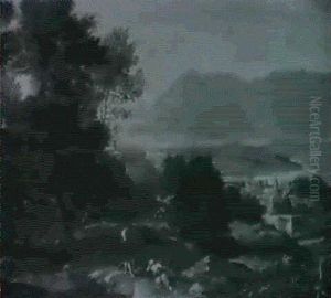 An Extensive Wooded Italianate Landscpe With A Town By A    River And Arcadian Lovers On The Foreground