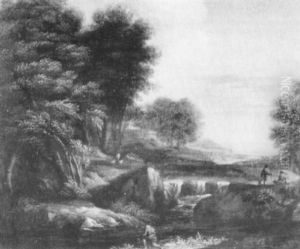 An Italianate Landscape With Figures On A Track By A Waterfall by Gaspard Dughet