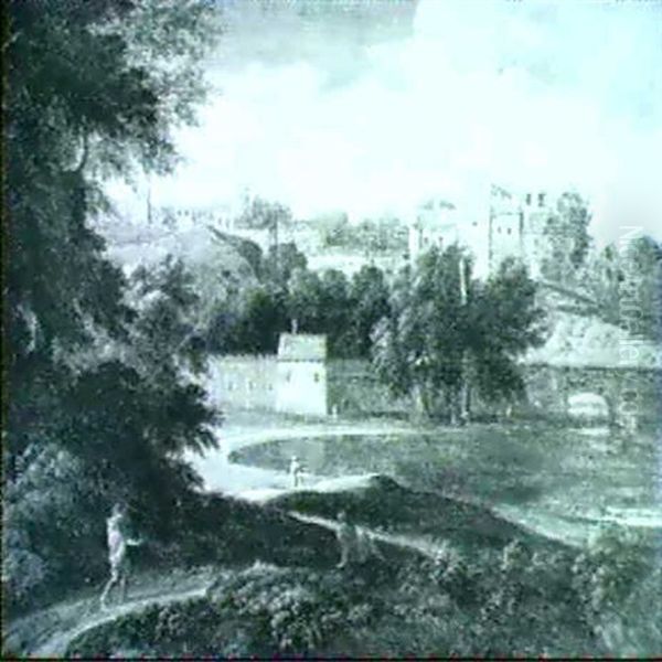 A Traveller On A Country Path Leading To A River Before A   Castellated Hill Town - view 1