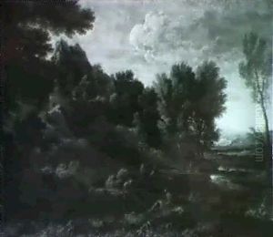 An Italianate Landscape With Figures By A River by Gaspard Dughet