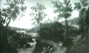 View Of An Extensive River Landscape With Figures by Gaspard Dughet