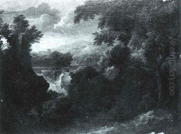 An Extensive Italianate Land- Scape With Figures Before A Waterfall - view 1