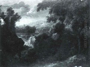 An Extensive Italianate Land- Scape With Figures Before A   Waterfall by Gaspard Dughet