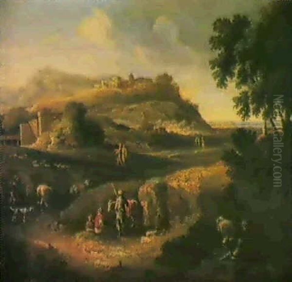 An Extensive Italianate Landscape With Herders And Travellers On A Track - view 1