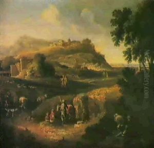 An Extensive Italianate Landscape With Herders And Travellers On A Track by Gaspard Dughet