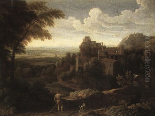 An Italianate Landscape With A Hunter And Dogs Near A Hill-top Town - view 1