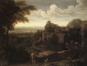 An Italianate Landscape With A Hunter And Dogs Near A       Hill-top Town by Gaspard Dughet