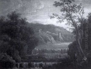 A Man And A Woman Resting By A Waterfall In A Mountainous River Landscape by Gaspard Dughet