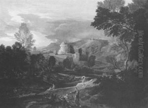 A Classical River Landscape With Figures, A Town In The Distance by Gaspard Dughet