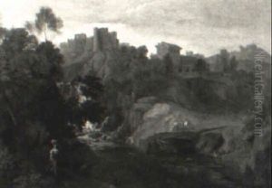 Italianate Landscape With Figures, A Waterfall And Ruins by Gaspard Dughet