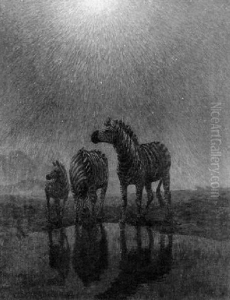 Zebras Grazing In The Moonlight - view 1