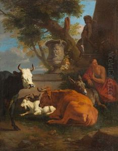 Hirte Mit Esel, Kuhen Und Ziegen, Im Hintergrund Ein Skulptural Geschmucktes Grabmal