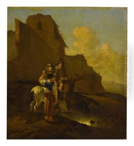 An Italianate Landscape With Two Peasants And Horses Near Ruins by Karel Dujardin