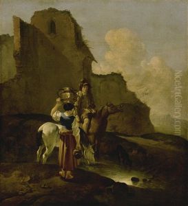 An Italianate Landscape With Two Peasants And Horses Near Ruins by Karel Dujardin