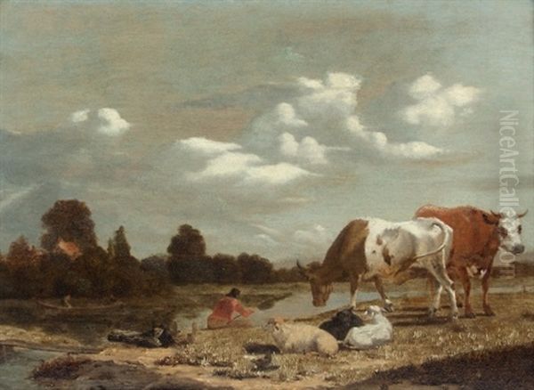 Cattle By A Stream With Cowherd And Sheep - view 1