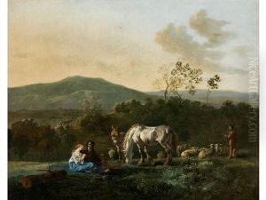 Hirten Mit Herde In Einer Italienischen Landschaft by Karel Dujardin