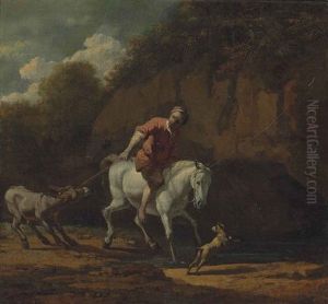 A Rocky, Wooded Landscape With A Man On A Horse Pulling A Donkey Across A Stream by Karel Dujardin