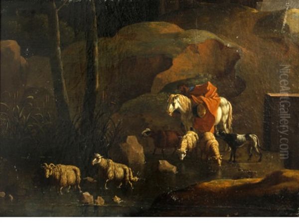 A Landscape With A Shepherd And His Flock By A Stream - view 1
