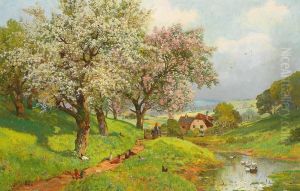 Hugelige Landschaft Mit Bluhenden Obstbaumen, Gehoft Und Federvieh An Einem Prachtvollen Fruhlingstag by Alwin Arnegger