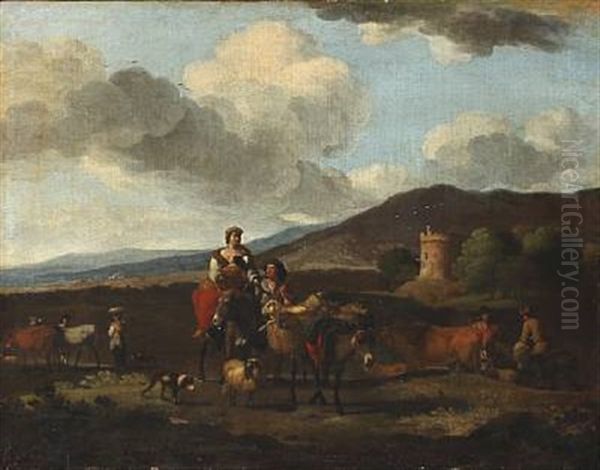 Italian Landscape. In The Foreground A Peasant Woman Riding A Donkey - view 1