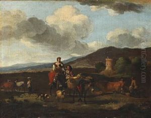 Italian Landscape. In The Foreground A Peasant Woman Riding A Donkey