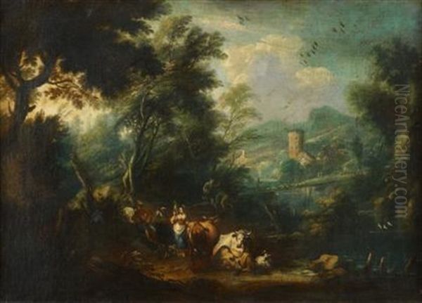 Drover And Shepherdess With Cattle In A Landscape - view 1