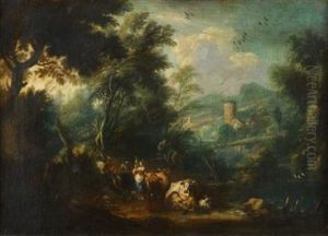 Drover And Shepherdess With Cattle In A Landscape by Karel Dujardin