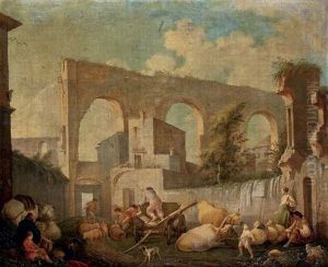 Hirten Mit Tieren Und Einem Karren In Einem Verfallenen Gehoft by Karel Dujardin