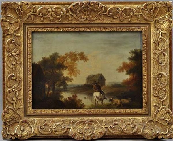 Flusslandschaft Mit Verfallenem Haus, Im Vordergrund Ein Reiter Und Zwei Schafe - view 1